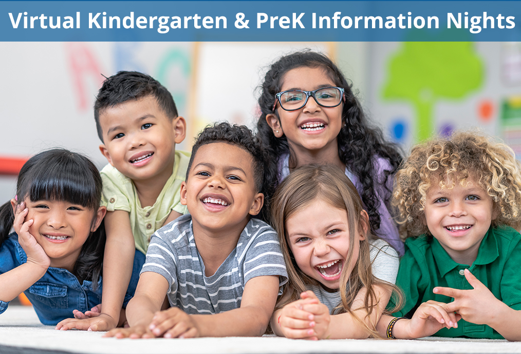 smiling children, with words Virtual and PreK Information Nights