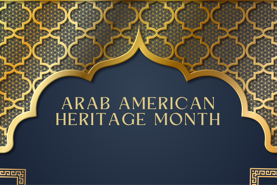 arab american heritage month written in gold on a black background with intricate decoration on top