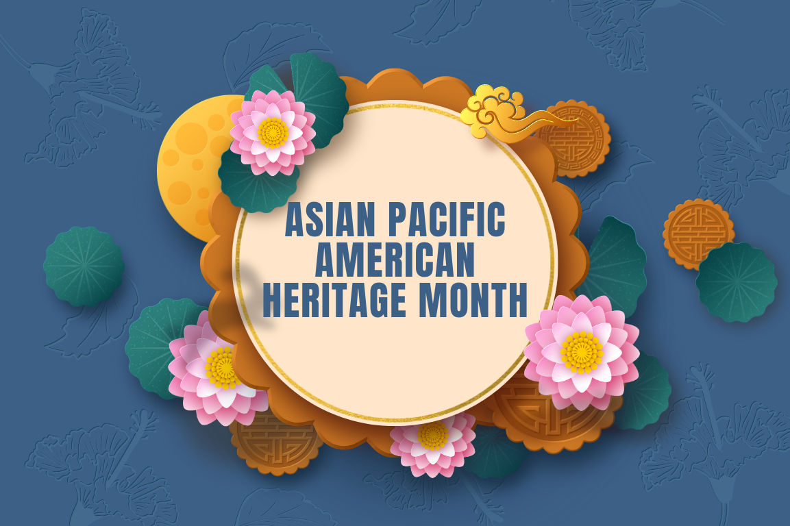 A cover art with Asian pacfic american heritage month wirtten on cake looking circle with ornamental flowers