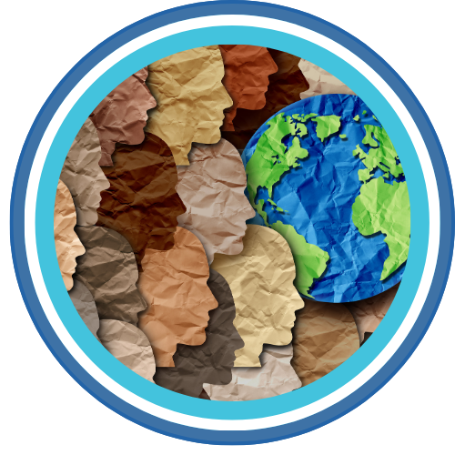 heads in different colors in a circle facing the earth
